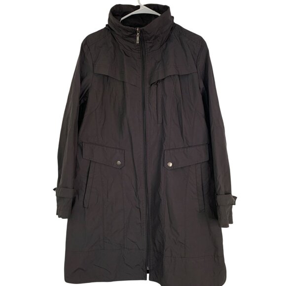 Cole Haan Womens XL Black Trench Rain Wind Coat Tuck Away Hood RJ10620 - Picture 1 of 12